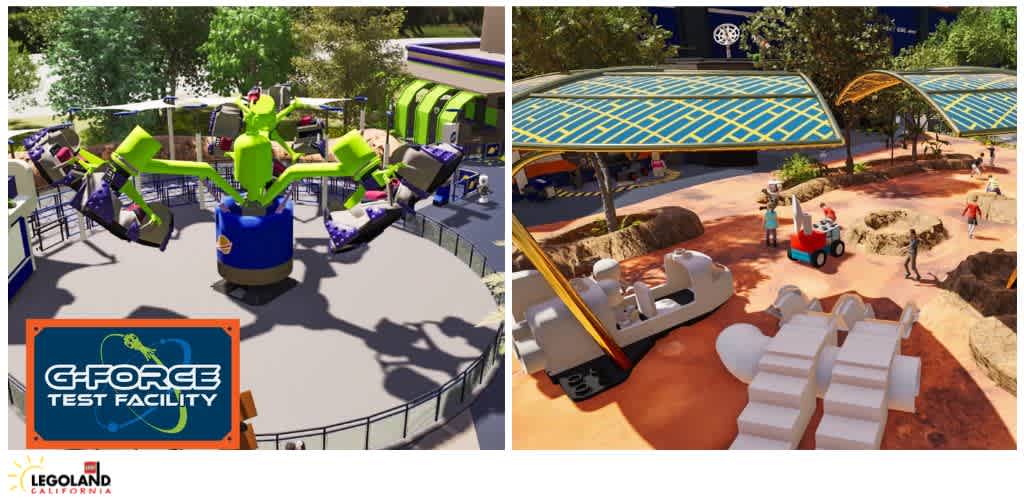 Two LEGOLAND California attractions: a spinning ride and a play area with oversized LEGO structures.