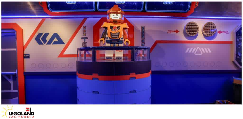 LEGO space-themed figure on a platform at Legoland California.
