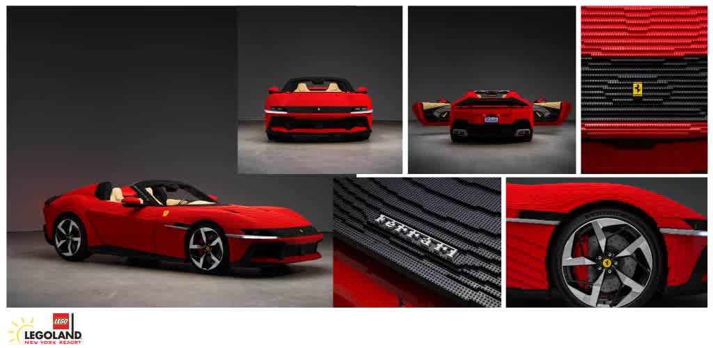 A detailed LEGO model of a red Ferrari sports car displayed in multiple angles.