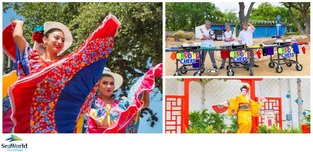 Collage of cultural performances at SeaWorld San Antonio, featuring dancers, chefs, and a performer in a yellow kimono.
