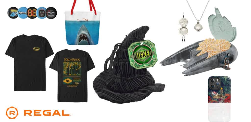 A collage of movie-themed merchandise including T-shirts, coasters, a tote bag, plush hat, necklaces, a popcorn holder, and a phone case.