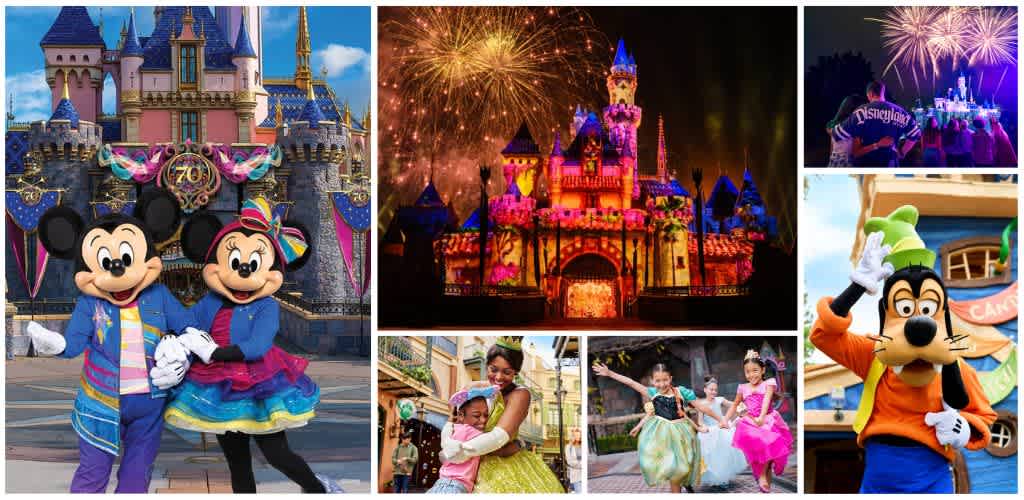 Disney characters Mickey and Minnie Mouse smiling in front of a castle at Disneyland with fireworks in the background and children enjoying the park.