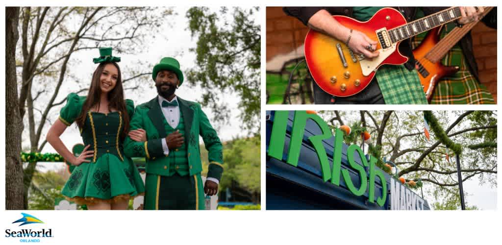 A collage showing people in St. Patrick's Day attire, a person playing a sunburst electric guitar, and a sign reading 