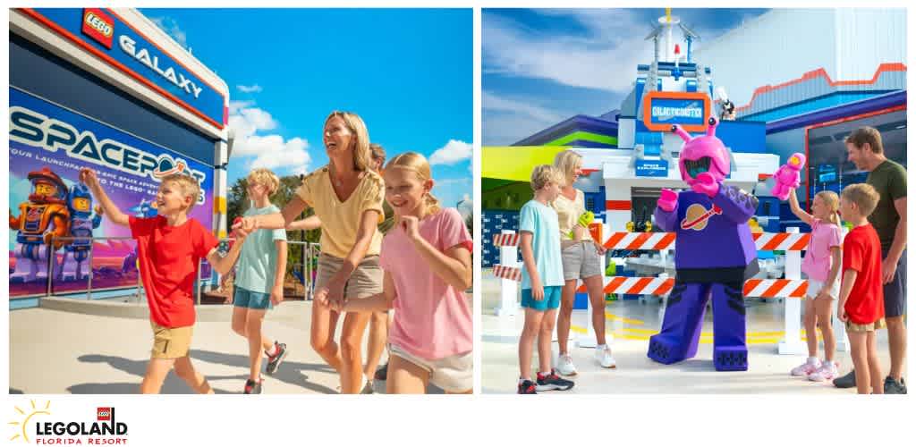 A family enjoys attractions and a character interaction at LEGOLAND Florida Resort.