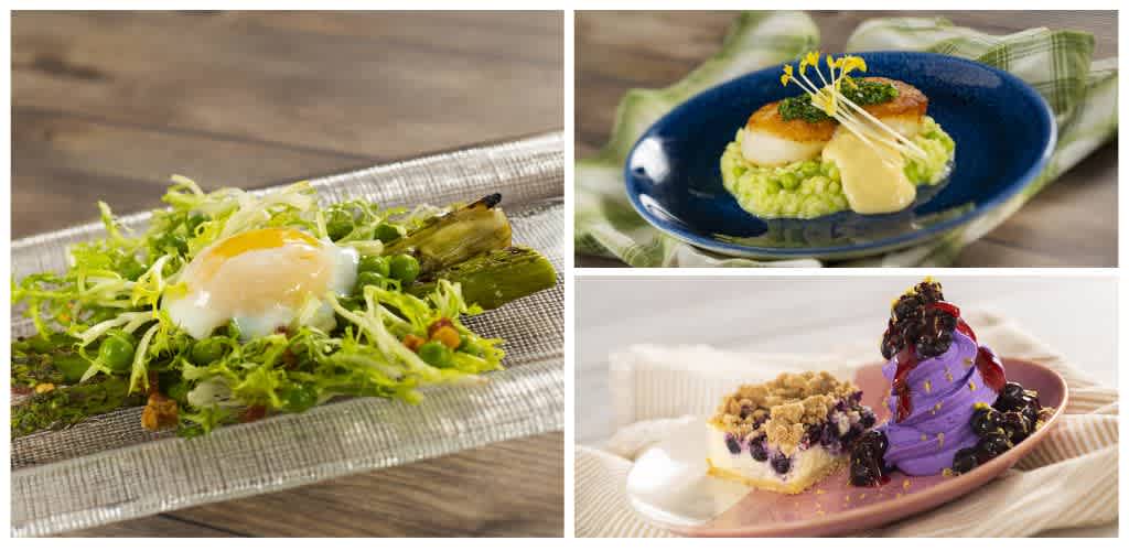 Image of three plated dishes featuring a salad with greens, a seafood dish with scallops, and a berry dessert with ice cream and crumble