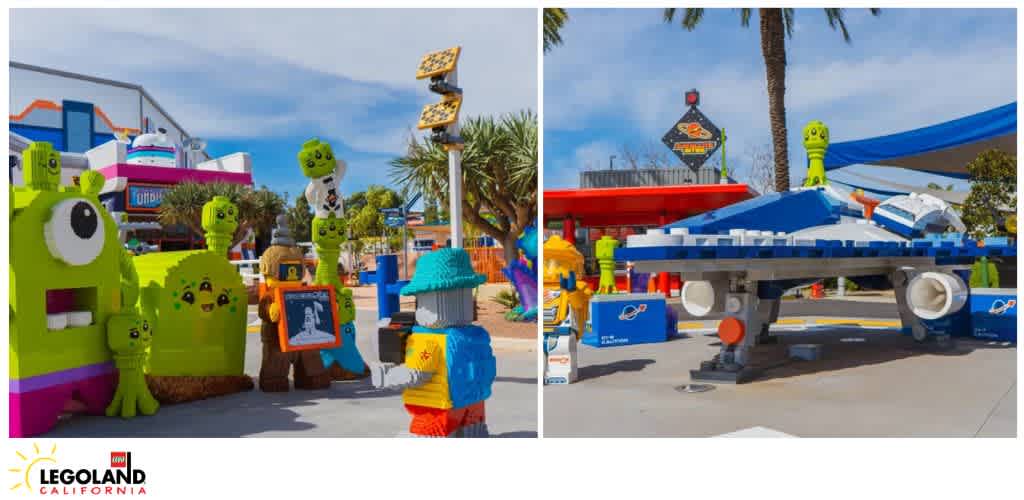 Lego sculptures of aliens, robots, and a spacecraft at Legoland California.