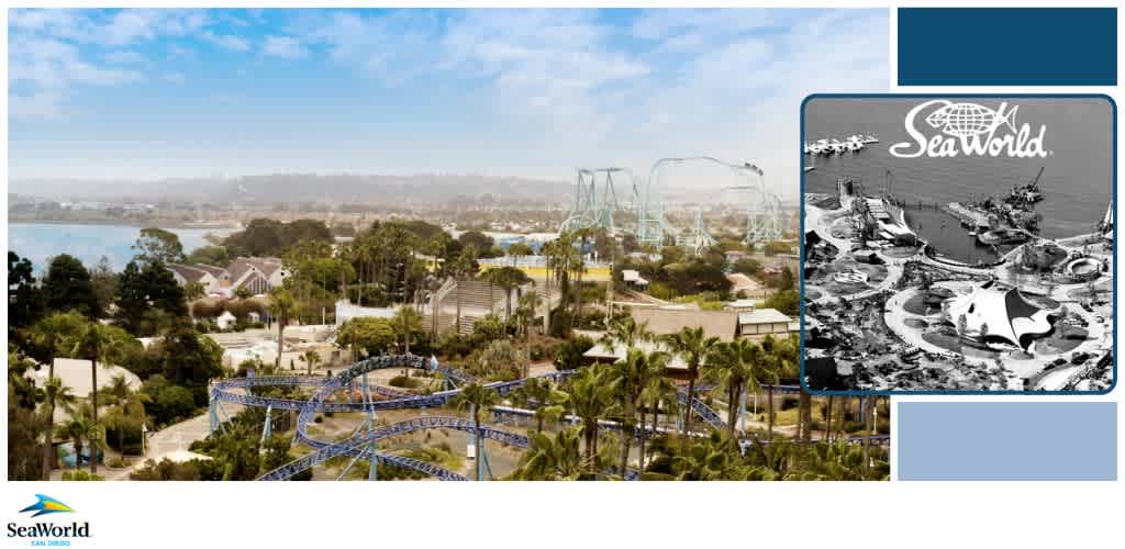 View of SeaWorld San Diego with roller coasters and palm trees, and a historical aerial photo inset.