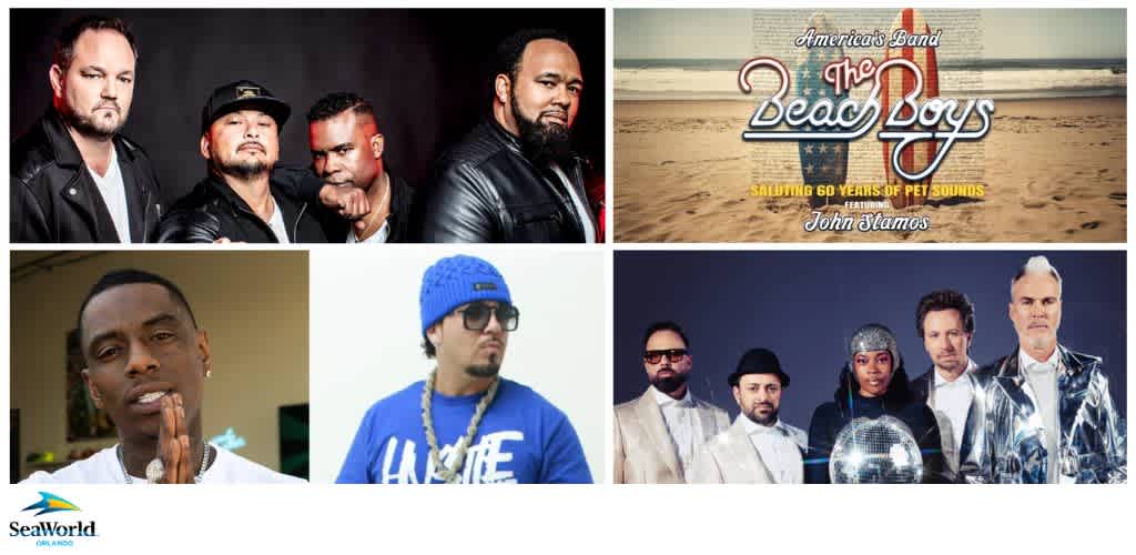 Collage of music artists and a Beach Boys event poster with the SeaWorld Orlando logo.