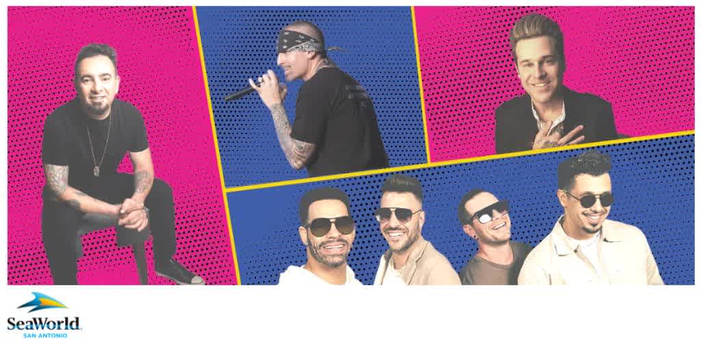 Collage of five people against vibrant pink and blue dotted backgrounds with the SeaWorld San Antonio logo.