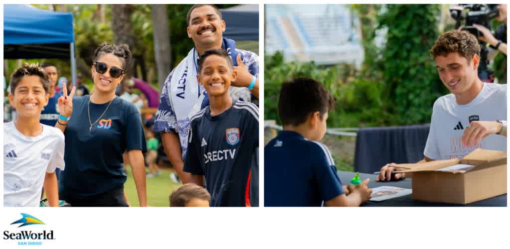 Two photos: one showing a group posing outdoors with people in sports jerseys, and another of a man signing an item for a boy at a table.
