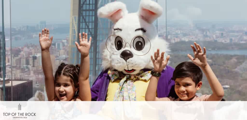 Easter Bunny with two children on a city observation deck.