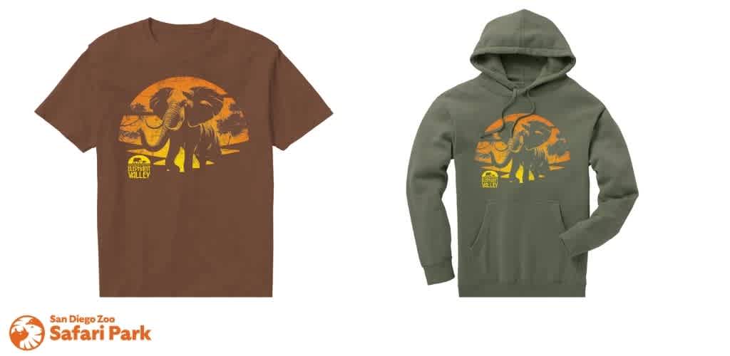 Brown T-shirt and olive green hoodie with an elephant and sunset graphic, featuring the San Diego Zoo Safari Park logo.