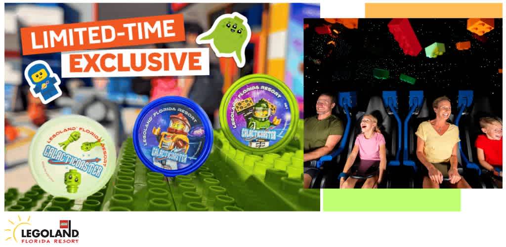 Promotional image for LEGOLAND Florida Resort featuring GALACTICOASTER collectibles and a ride experience.