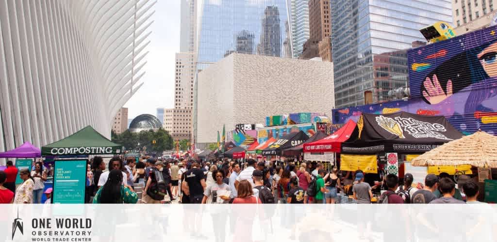 Outdoor market with colorful stalls and a mural, set against a modern urban backdrop with skyscrapers.