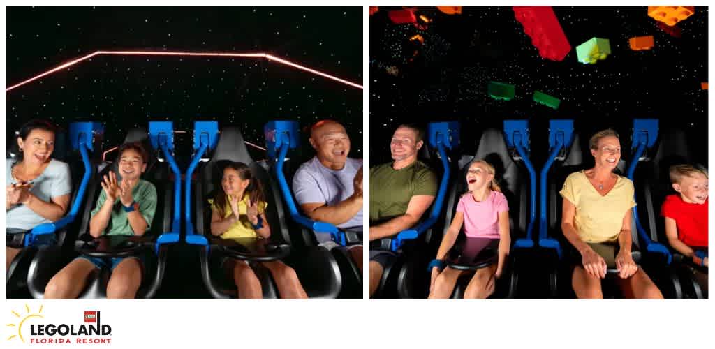 People enjoying a space-themed ride at LEGOLAND Florida Resort with floating LEGO bricks.