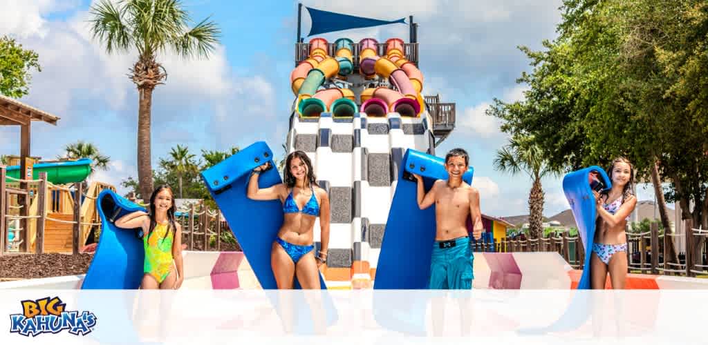 Children and a woman with life jackets and swimwear at a colorful water slide in a lively outdoor water park