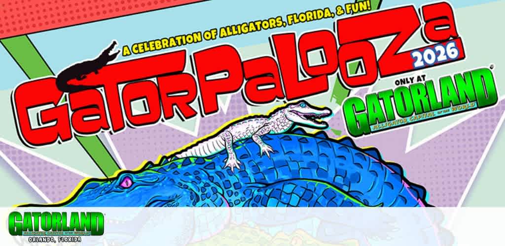 Gatorpalooza 2026 poster featuring colorful graphics and alligators, promoting the event at Gatorland.