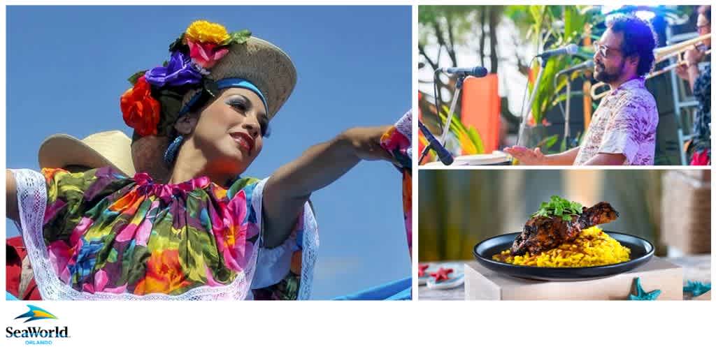 A dancer in colorful traditional attire, a musician performing outdoors, and a plate of grilled chicken with yellow rice.