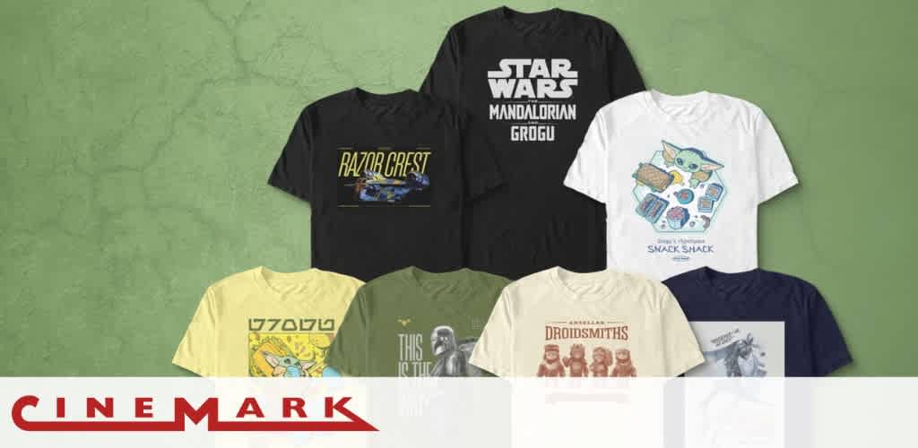 Seven Star Wars-themed graphic t-shirts on a green background with a Cinemark logo.