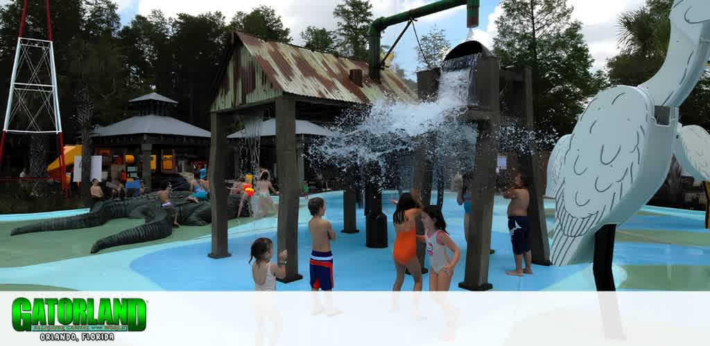 Children playing and enjoying water spray at Gatorland Orlando Florida water park