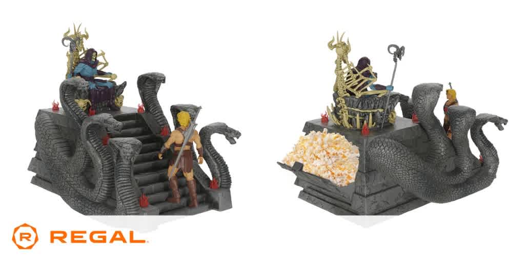 A figurine set featuring a skeletal figure on a throne with a warrior on stairs and serpent-themed details, incorporating a popcorn holder.