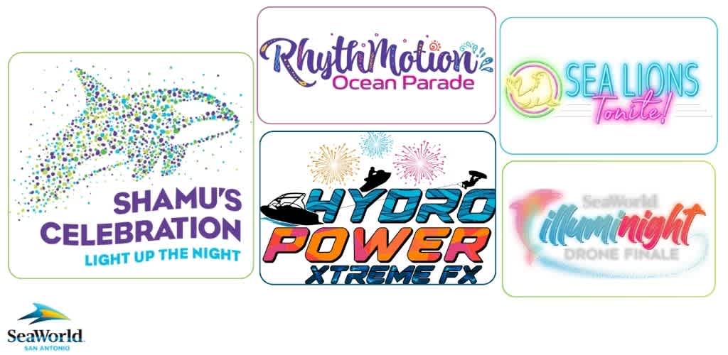 A collage of SeaWorld San Antonio event logos, including Shamu's Celebration, Rhythmocean Parade, Sea Lions Tonite, Hydro Power Xtreme FX, and Illumight Drone Finale.