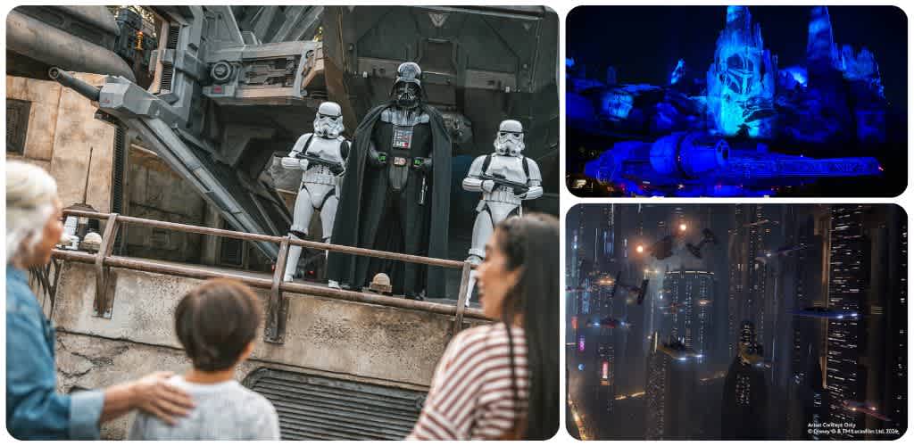 Collage of Star Wars attractions and character experiences at Star Wars: Galaxy's Edge in Disneyland Park.