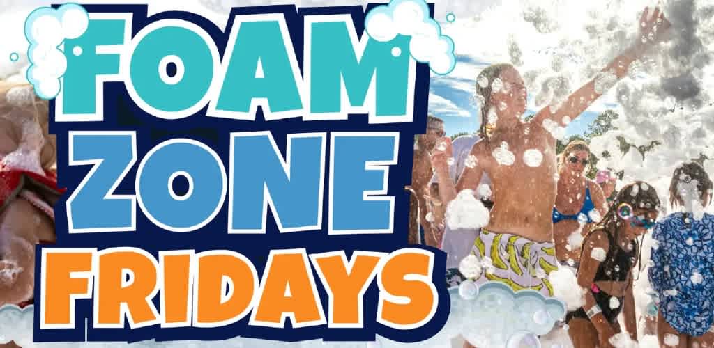 Foam party with people enjoying under a bright sky; text reads 