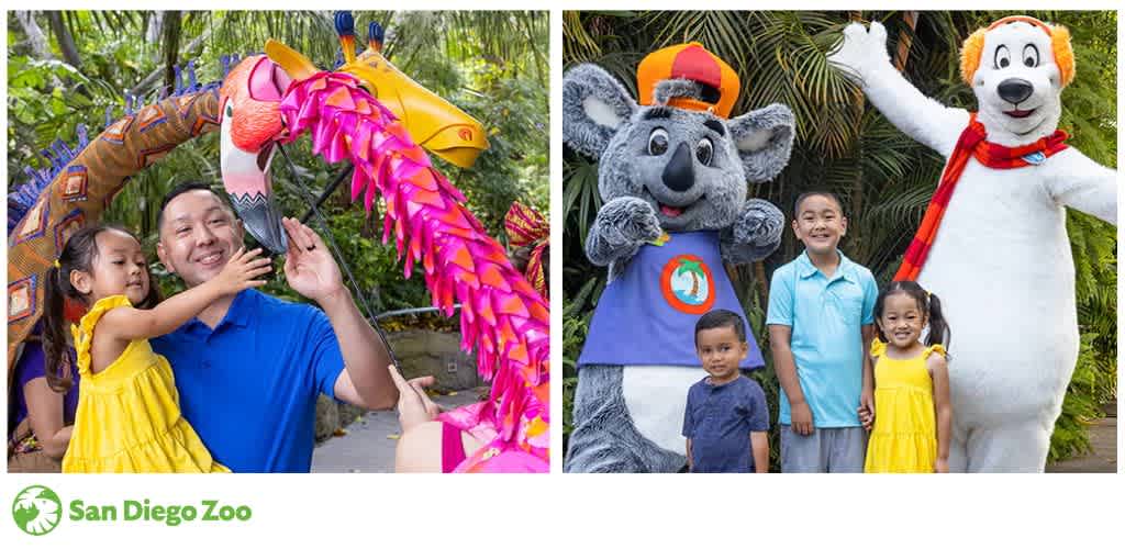 Children and adults enjoying a parade with colorful animal costumes at San Diego Zoo outdoor exhibit.