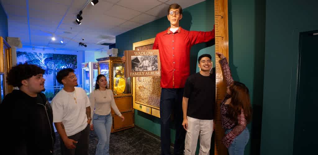 Guests posing beside the World's Tallest Man exhibit at Ripley's Believe It or Not San Francisco
