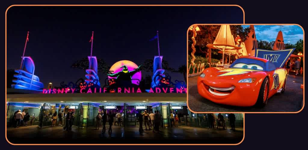 Halloween decor at Disney California Adventure® Park featuring Oogie Boogie and Headless Horseman.
