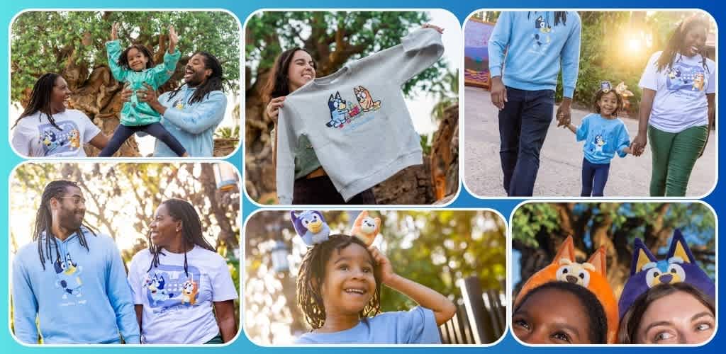 Collage of guests wearing Bluey-themed merchandise and apparel.