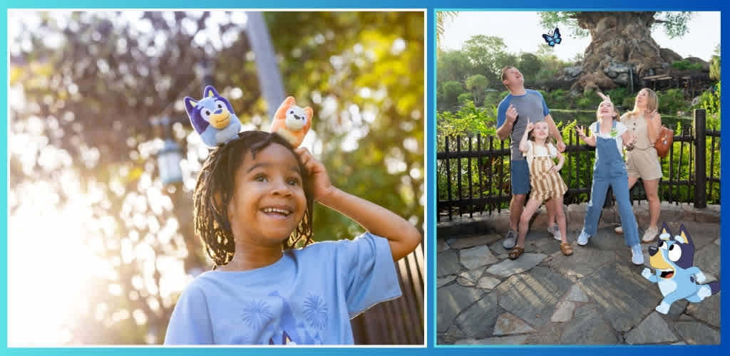 Collage of a child wearing Bluey and Bingo merchandise alongside a family enjoying a Bluey PhotoPass at Disney's Animal Kingdom Theme Park.