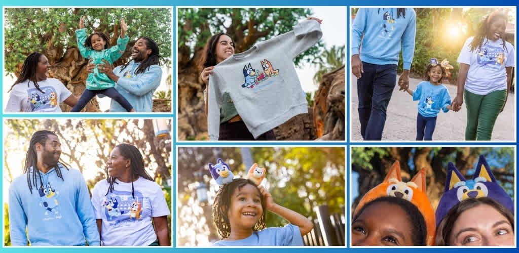 Collage of guests wearing Bluey-themed merchandise and apparel at Disney's Animal Kingdom Theme Park.