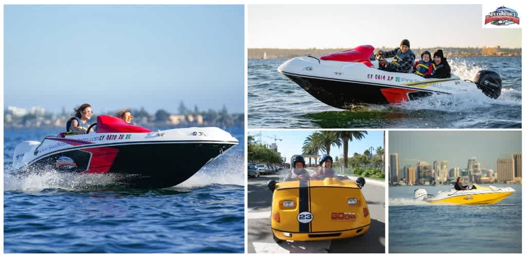 Collage of land and sea experiences by San Diego Speedboat Adventures.