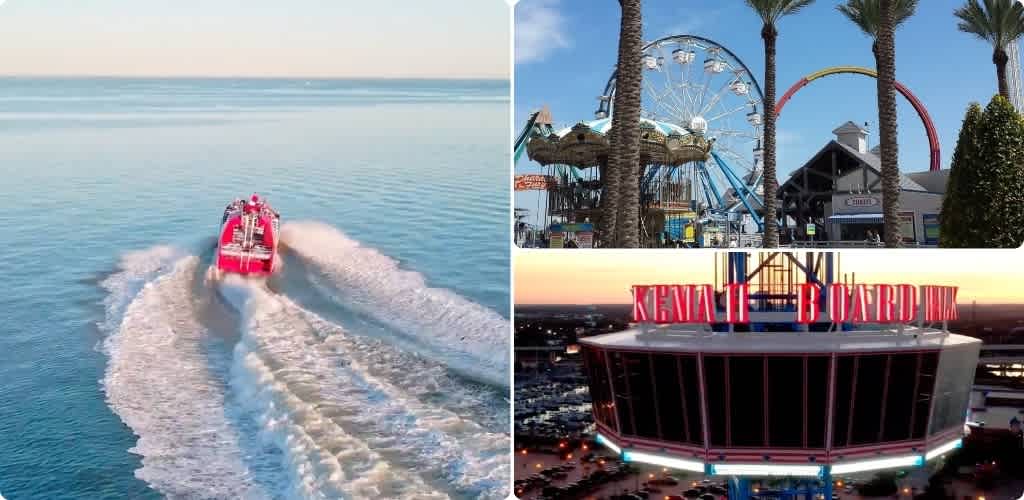 Photo collage of a boat on calm water, a seaside amusement park with a Ferris wheel and palm trees, and a city skyline with a revolving restaurant at sunset