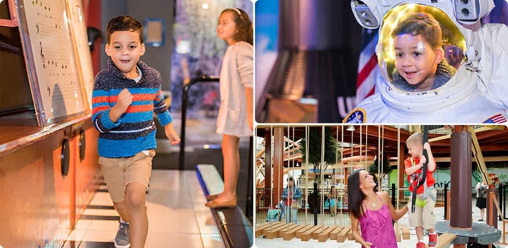 Children playing and exploring fun activities indoors and in a science-themed area.
