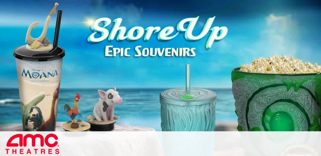Moana-themed souvenir collectibles including popcorn bucket, necklace, and light-up cup at AMC Theatres