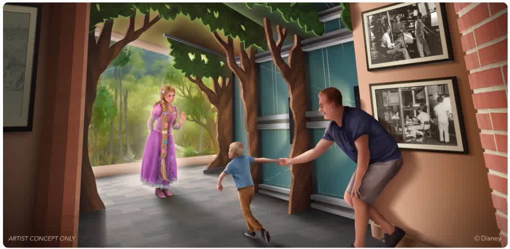 A woman and boy are reaching out to a woman in a purple dress standing among painted trees and a forest scene with black-and-white photographs on the wall behind them