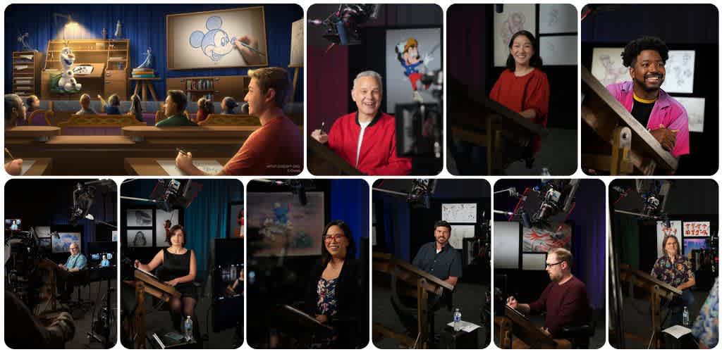 Group of diverse people participating in animation and illustration workshops using digital tools in a studio setting