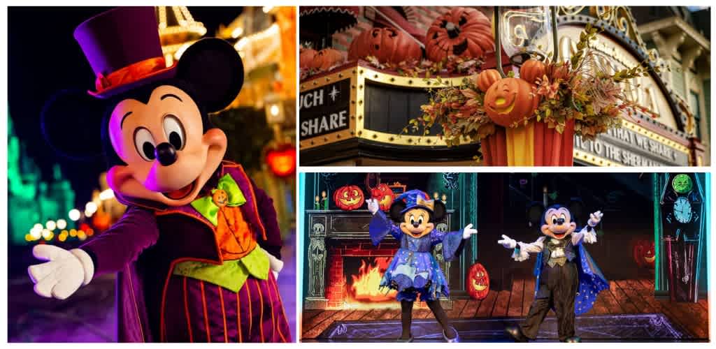Halloween themed Mickey and Minnie Mouse dressed in costumes with pumpkins and jack-o'-lantern decorations and a festive backdrop.