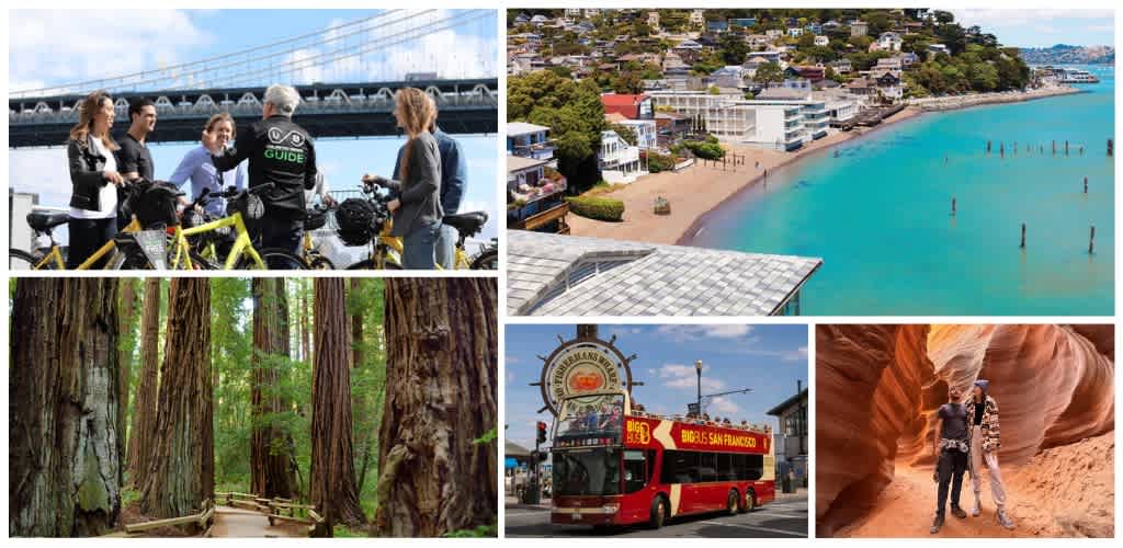 Images of people on a guided bike tour by a river, a coastal beach scene, tall redwood trees in a forest, a red double-decker bus in a city, and two people in a canyon.