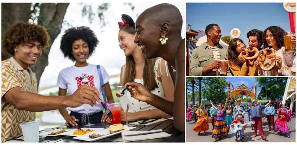 Group of diverse friends enjoying food and drinks outdoors at a festival with rides, dancing, and entertainment.