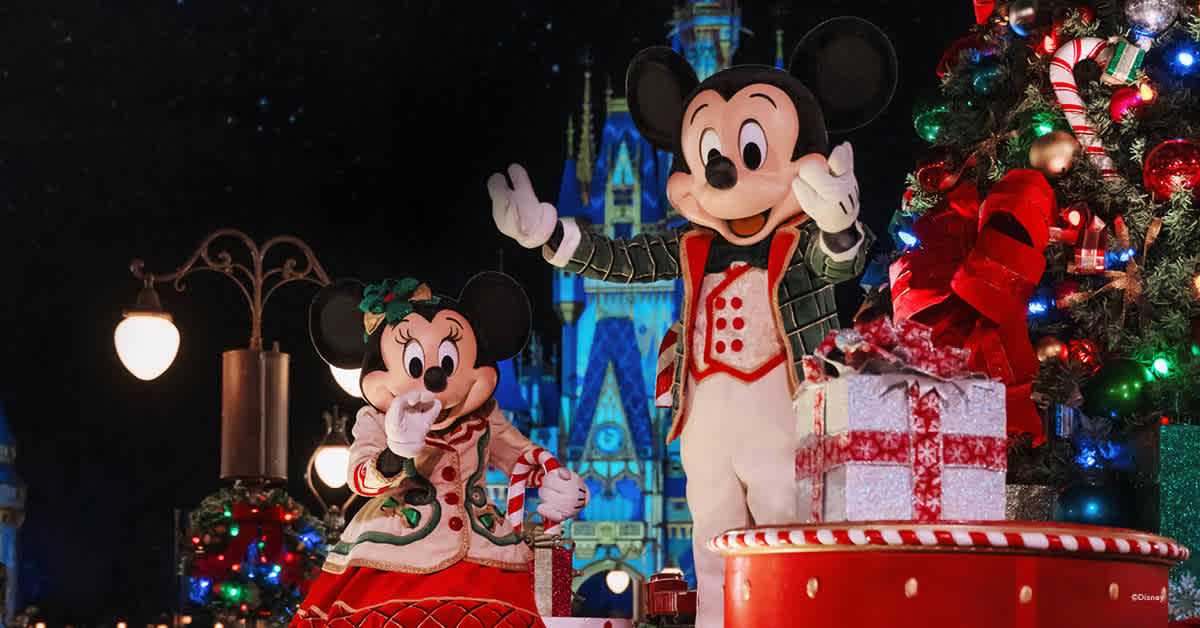 Mickey and Minnie at Cinderella Castle during Mickey's Very Merry Christmas Party