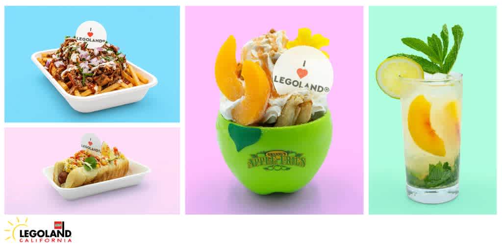 A collage of summer drinks and snacks at LEGOLAND California
