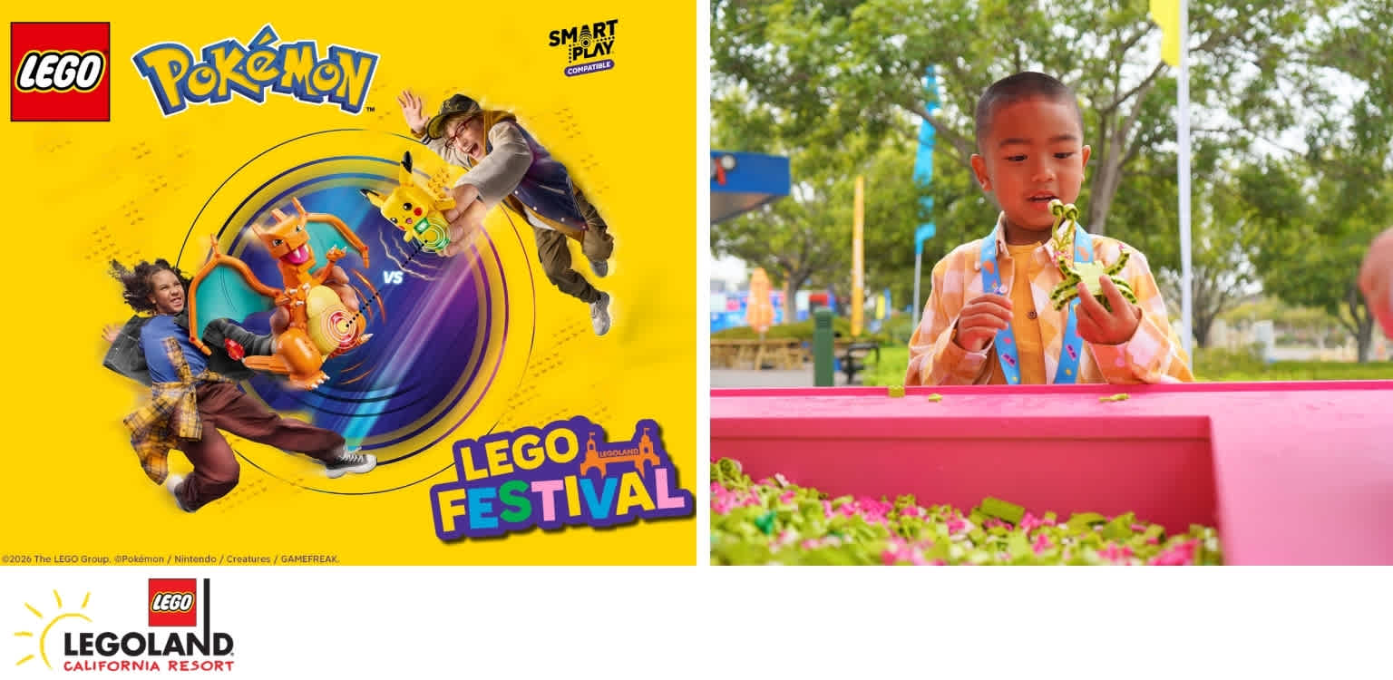 Promotional graphic for a LEGO Pokémon festival featuring children and a young boy gardening outdoors.