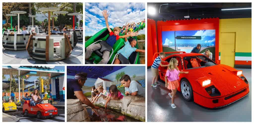 Children enjoying various amusement rides and attractions at a funpark with colorful scenery and outdoor activities