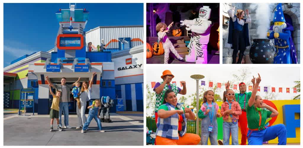 Group of children and families enjoying themed rides and entertainment at fun amusement park with colorful decorations and characters