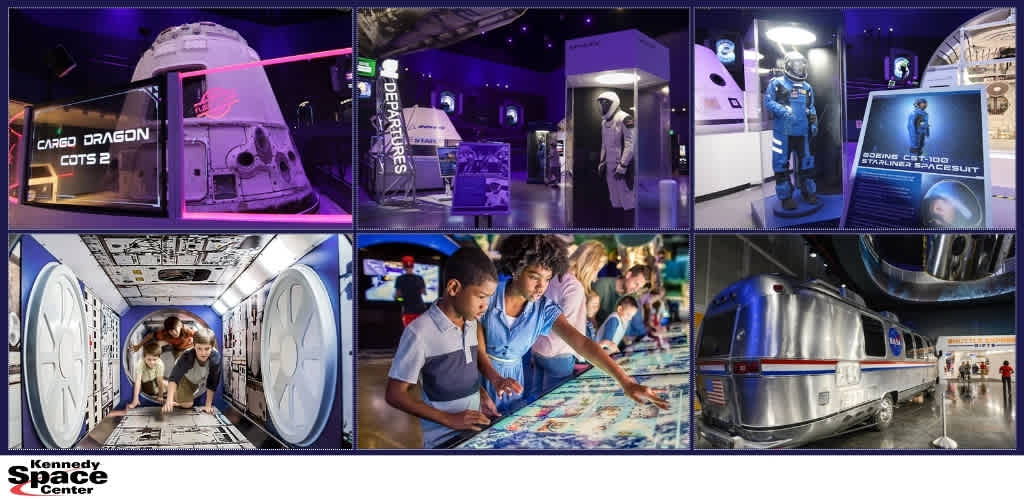 Interactive space exhibits and astronaut models at Kennedy Space Center for educational fun.