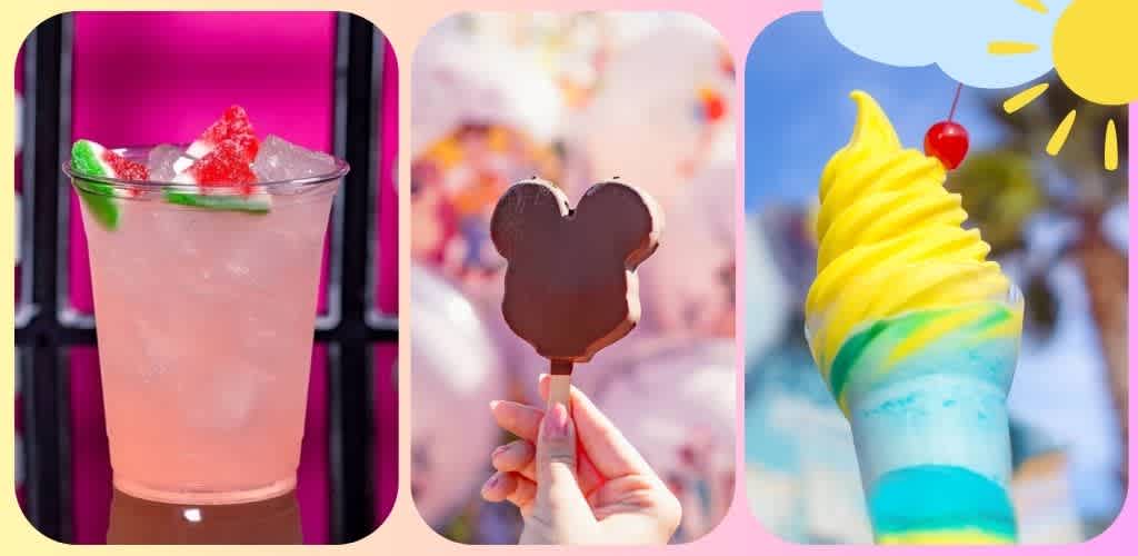 Three colorful treats: a pink beverage with cherries and gummy candies, a chocolate Mickey Mouse shaped ice cream bar, and a rainbow swirl ice cream cone with a cherry on top